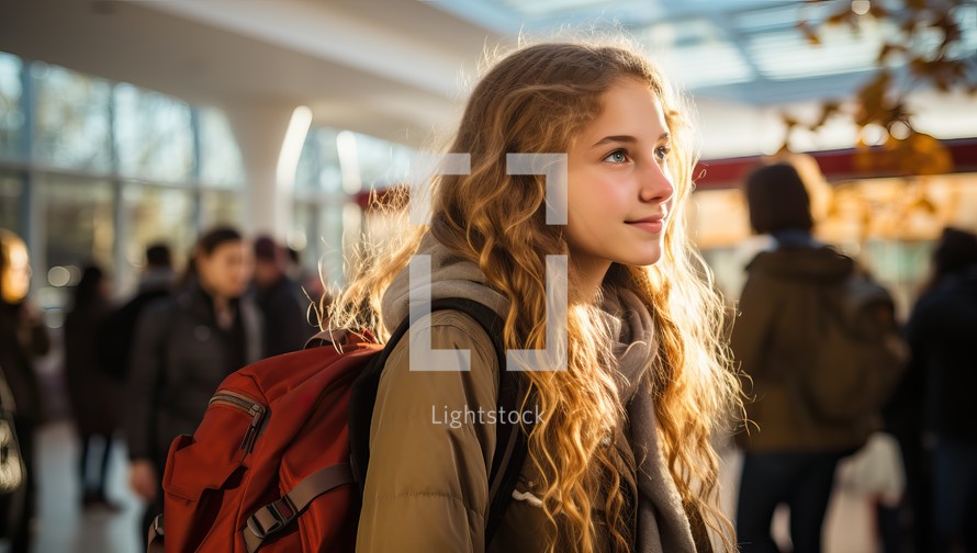 Portrait of a young girl with backpack at the train station.