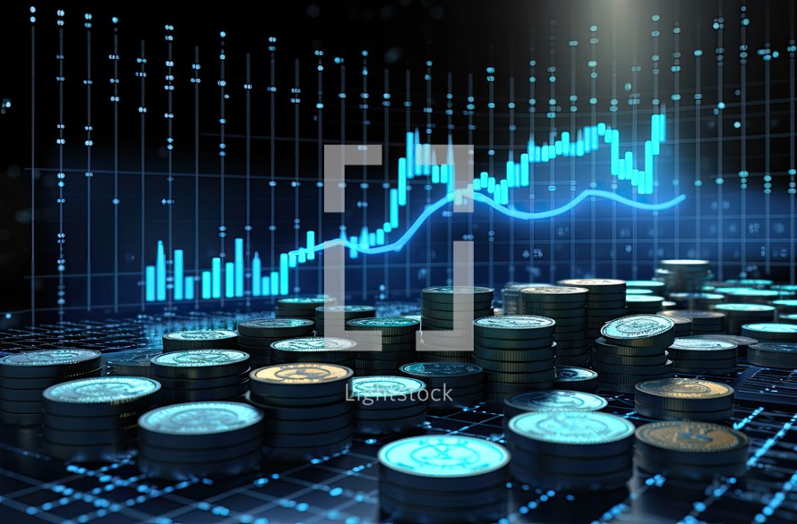 3d rendering of coin stack with stock market chart digital background.