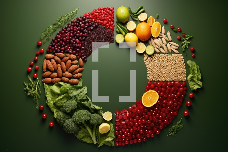 Healthy food concept with fruits and vegetables on dark green background.