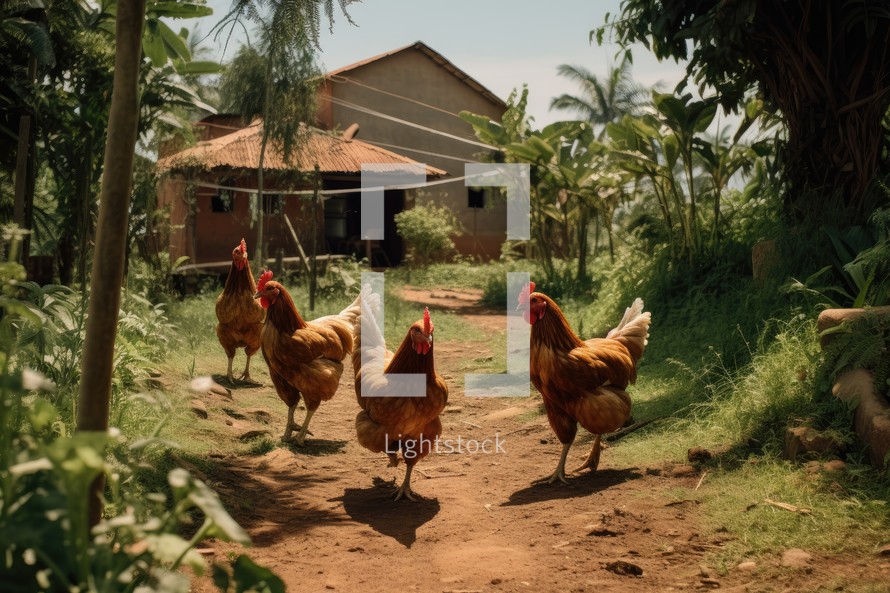 chickens and rooster walking in the farm, vintage tone