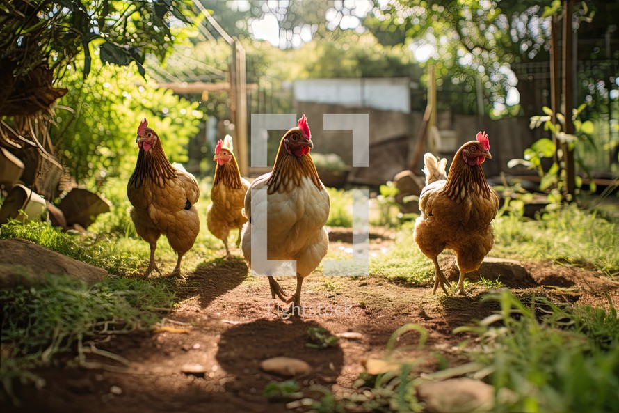 chickens walking on the grass in the village. selective focus