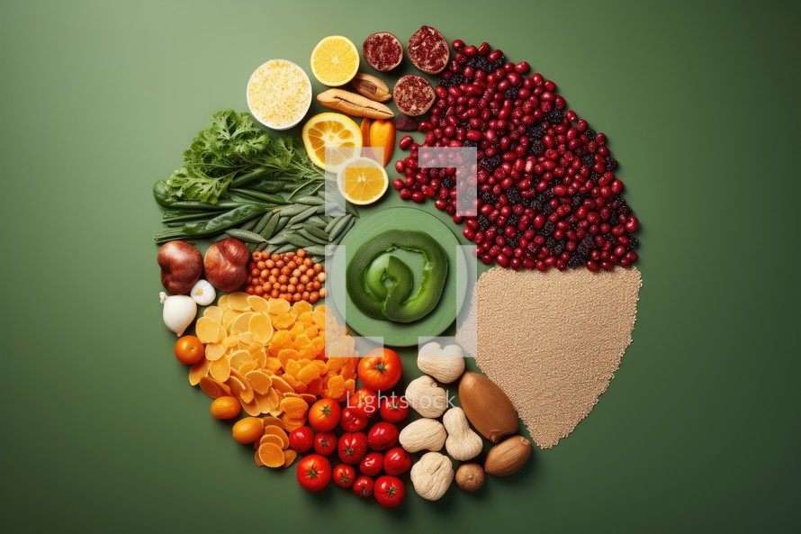 Healthy food concept with vegetables, fruits and spices on green background