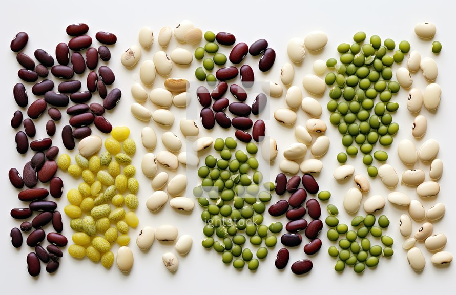 various types of beans on a white background. top view.