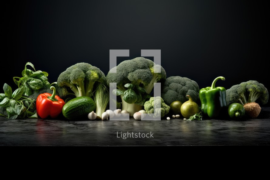 Fresh vegetables on a black background. Healthy food concept. Copy space.