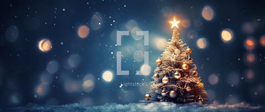 Christmas tree on snow and bokeh background. 3d rendering