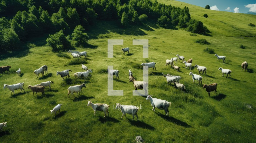 Aerial view of a herd of goats grazing on a green meadow