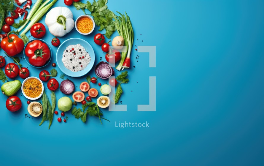 Fresh vegetables on blue background. Healthy food concept. Top view.