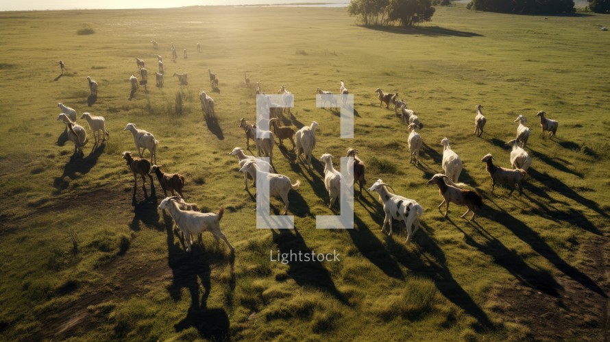 Herd of goats grazing on a meadow in the morning light