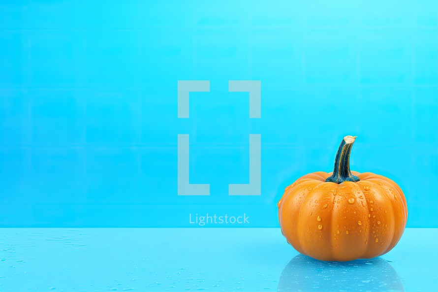 pumpkin with water drops on blue background, halloween concept