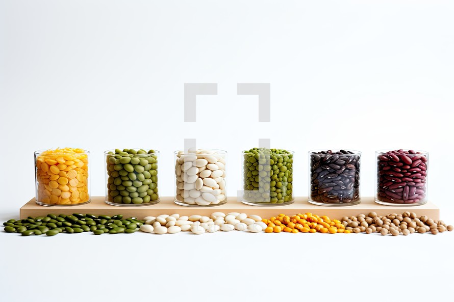 various types of beans in glass containers on a white background.