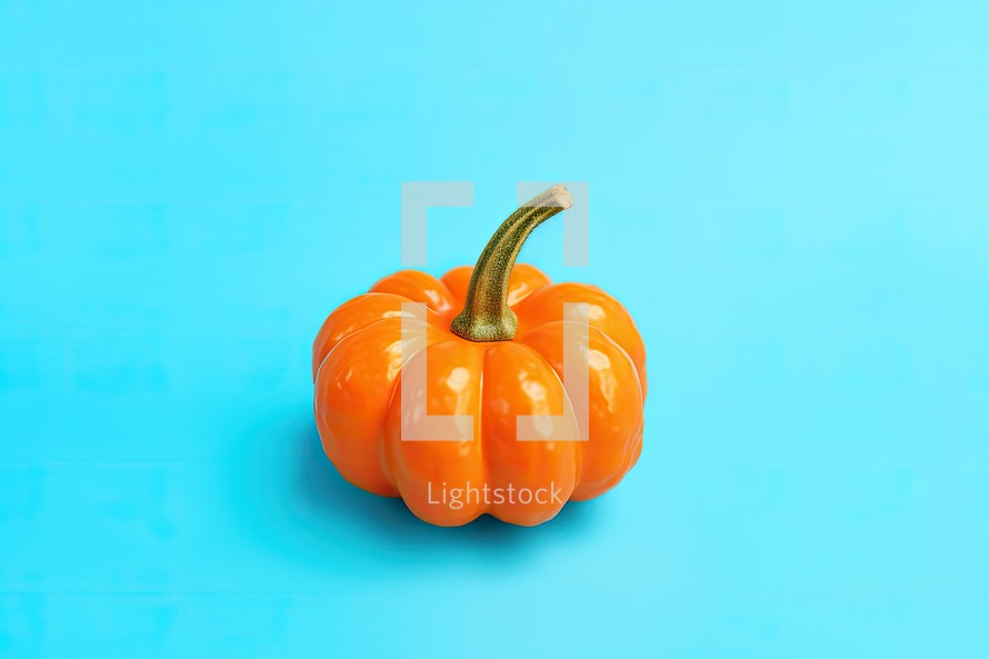 Pumpkin on blue background. Minimal concept with copy space