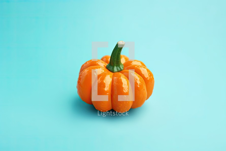 Pumpkin on blue background with copy space. Minimal style