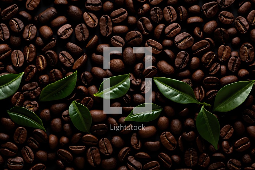 Coffee beans with green leaves on a dark background. Top view.