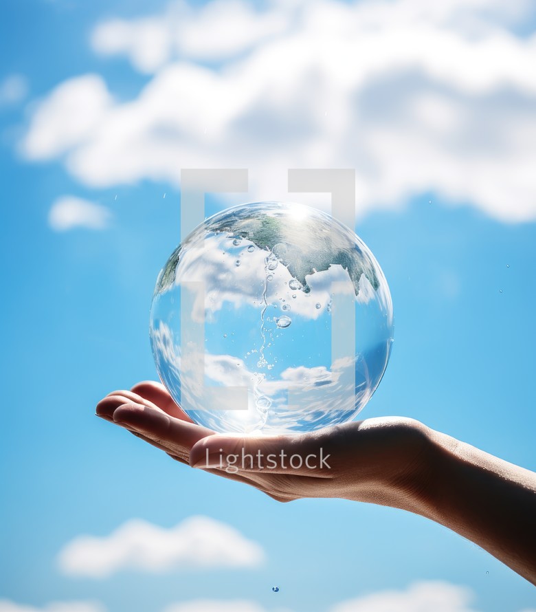Close up of human hand holding glass globe with blue sky background.