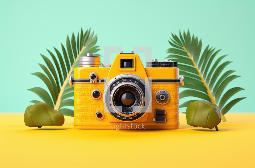 Yellow retro camera with palm leaves on a yellow background. 3d rendering