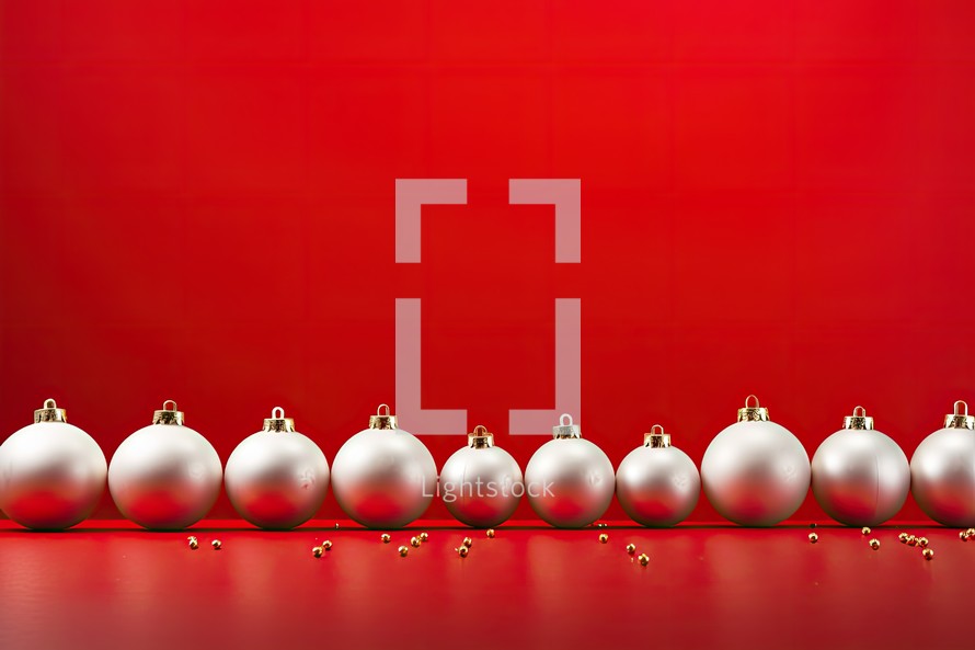 Christmas background with red and white baubles on a red background