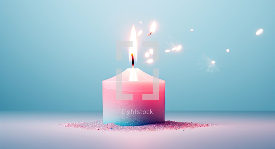 Burning candle in pink and blue colors with sparkles. 3d rendering
