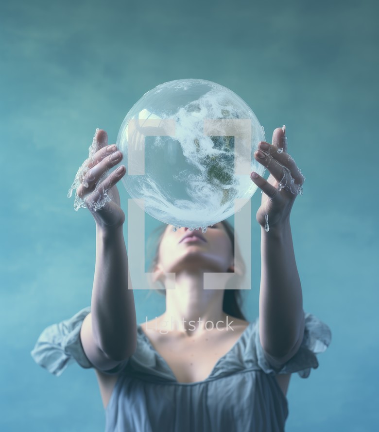 Young woman holding a glass ball with the planet earth in her hands