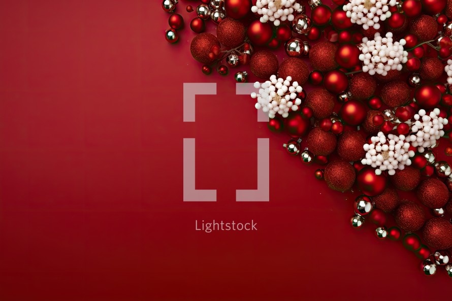 Christmas background with red and white baubles and snowflakes