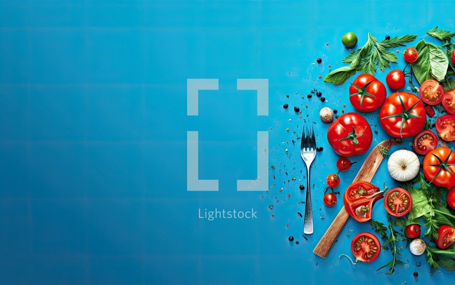 Fresh vegetables and spices on blue background. Top view with copy space
