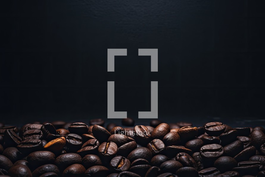 Roasted coffee beans on black background with copy space for text.