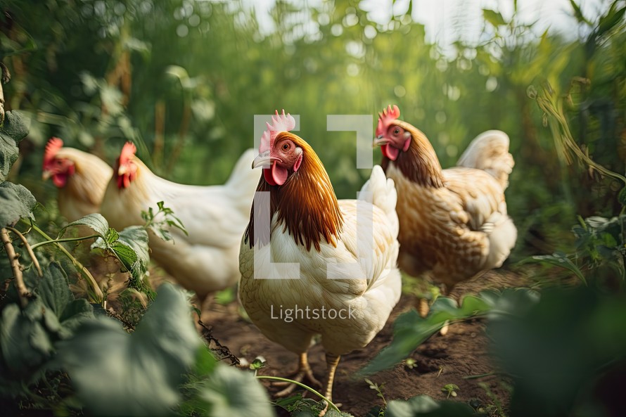 chickens on traditional free range poultry farm in Ukraine, Europe