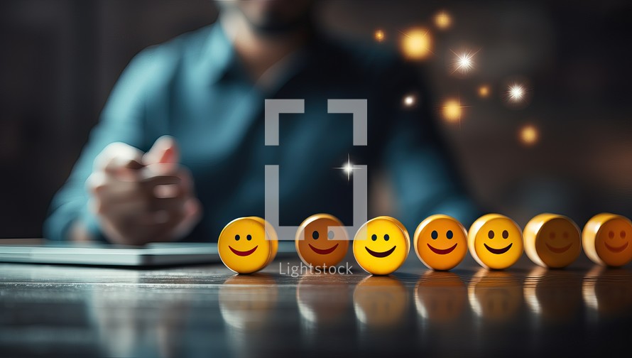 Smiley faces on a wooden table with a man using a tablet