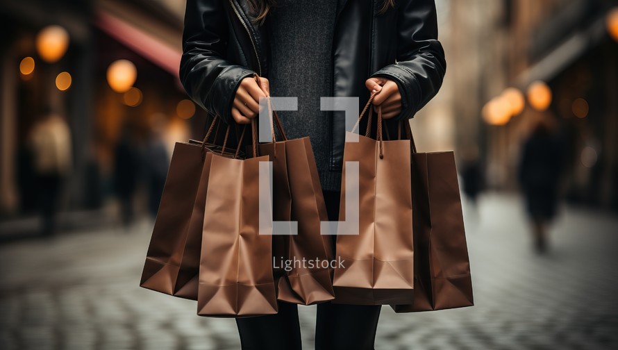 woman holding shopping bags in the city.