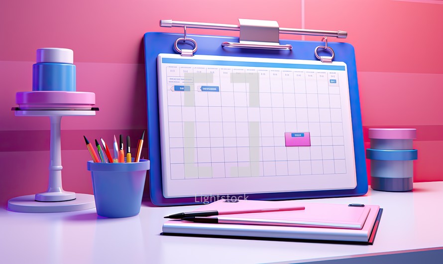 3d render of clipboard with calendar and stationery in office background