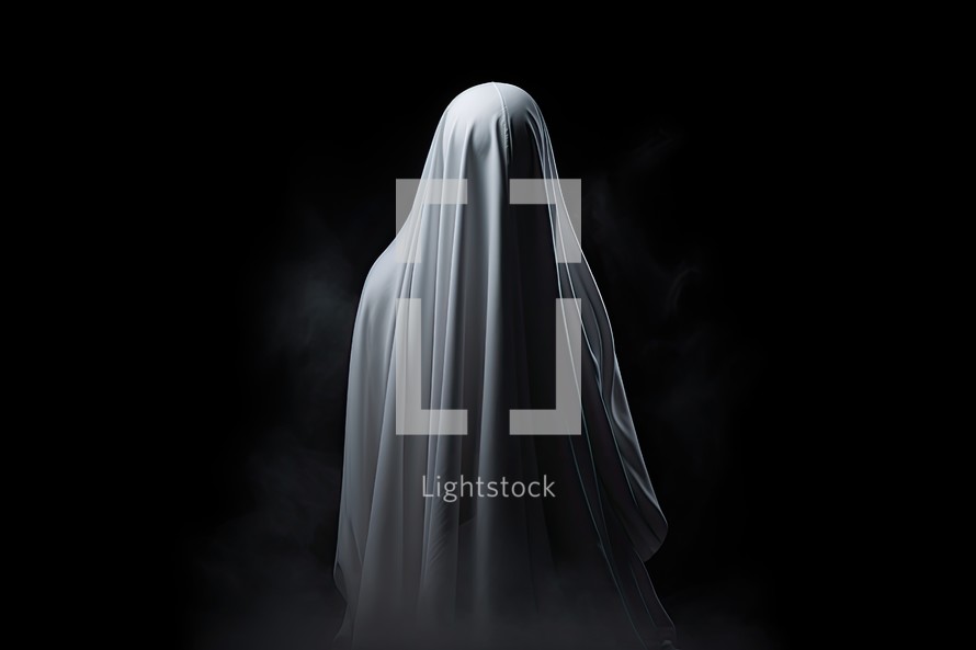 Mysterious dark image of a female figure in a white robe.