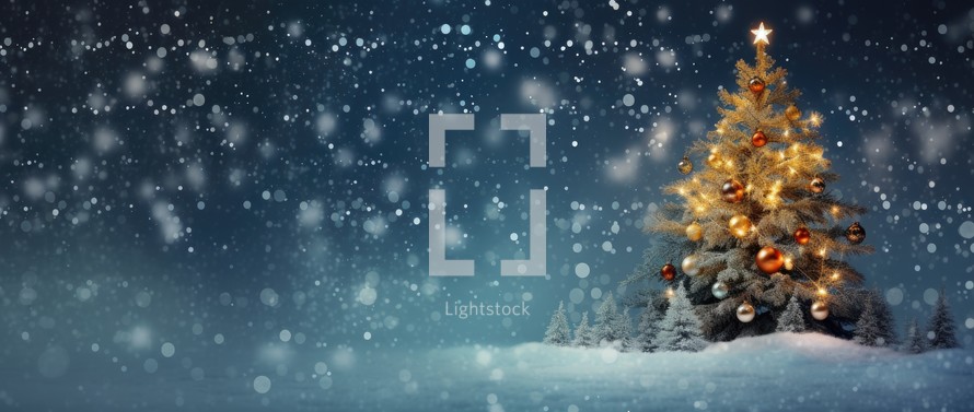 Christmas background with christmas tree, snow and falling snowflakes