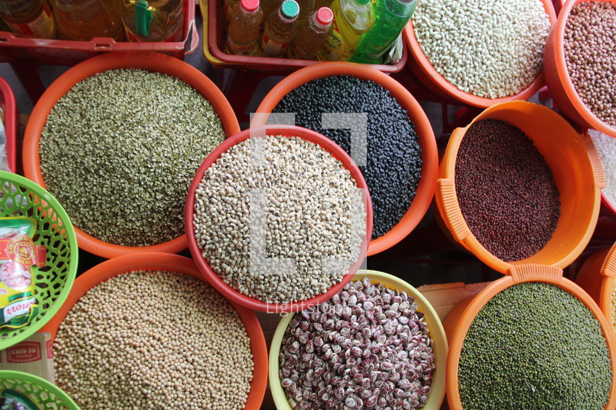seeds and grains in a market 