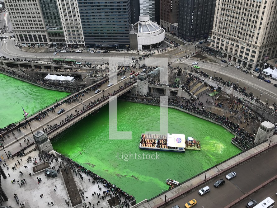Chicago river dyed green for Saint Patricks Day 