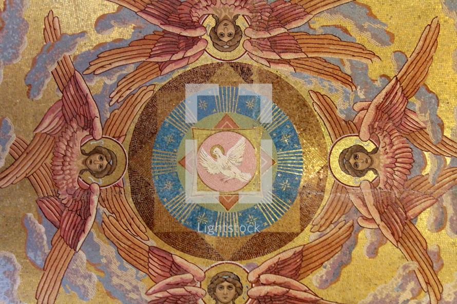 Angels around the white dove of the Holy Spirit, represented in a tile mosaic 