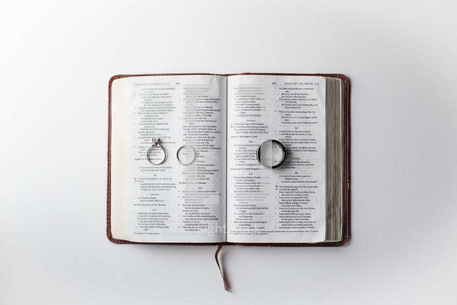 wedding rings on a Bible 