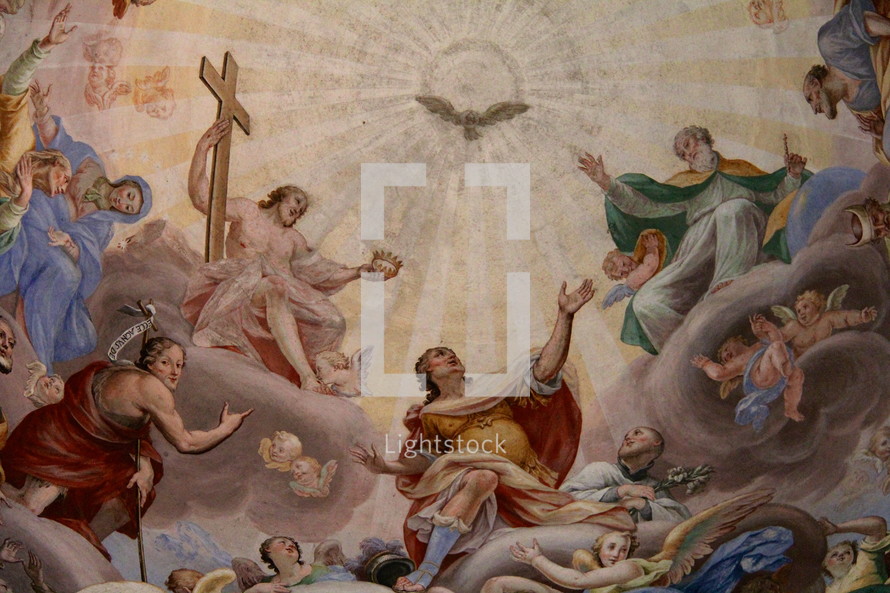 Biblical scene painting in a church including God, the Holy Spirit (as a dove), Jesus (with cross)