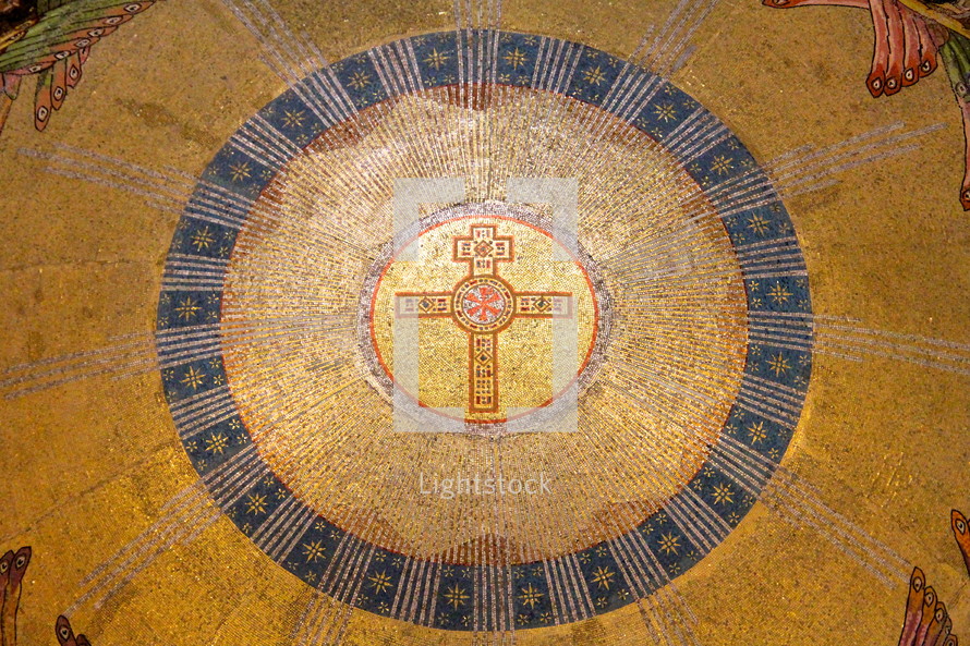 Golden Orthodox Cross tile mosaic on the roof of the Spilled Blood Church.
