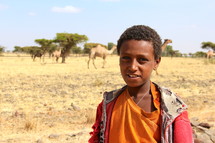 young boy and camels 