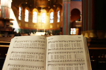 Hymnal opened in a church 