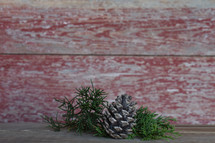 greenery on a red wood background 