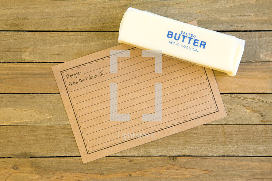 Recipe card and a stick of butter 