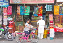 Boy with bike at Indian market.