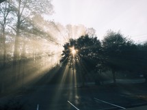 rays of sunlight shining on a parking lot 