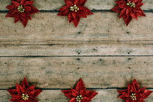red poinsettias on wood boards 