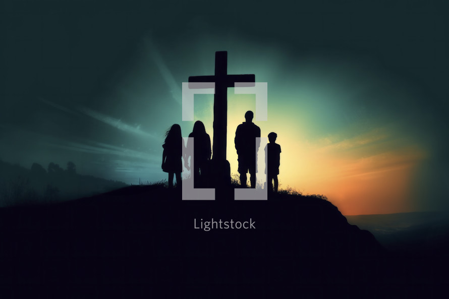 Silhouette of family with cross on top of mountain