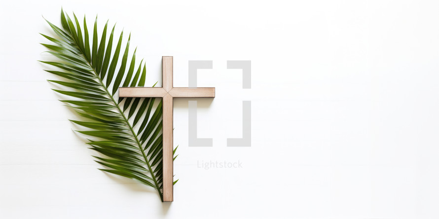 Palm Sunday. Wooden cross and palm leaf on white background with copy space.