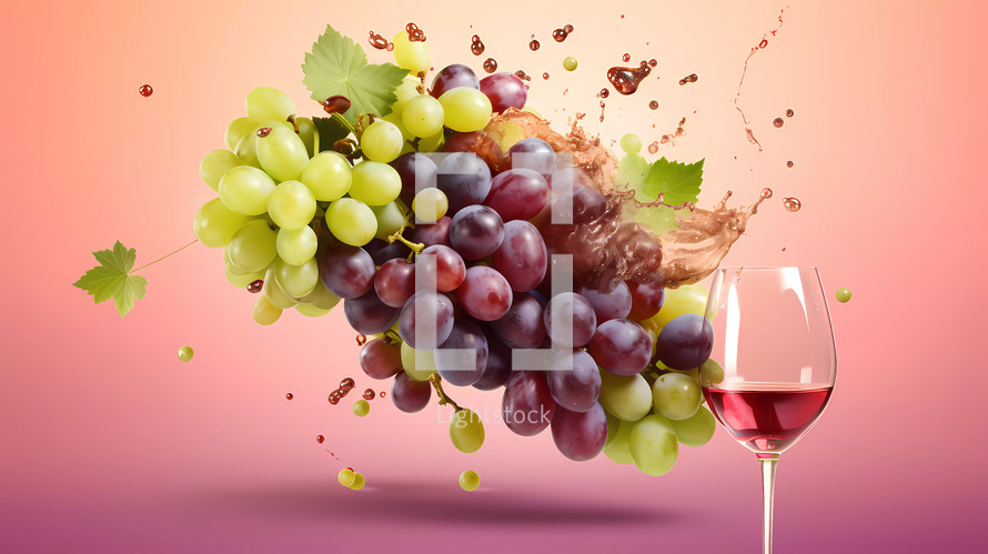Red wine composition with goblet and bunches of grapes