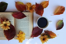 open book, fall leaves, and coffee cup 