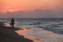Man walking on a tropical beach at sunset