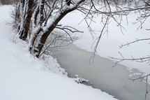 a frozen stream and snow in winter 